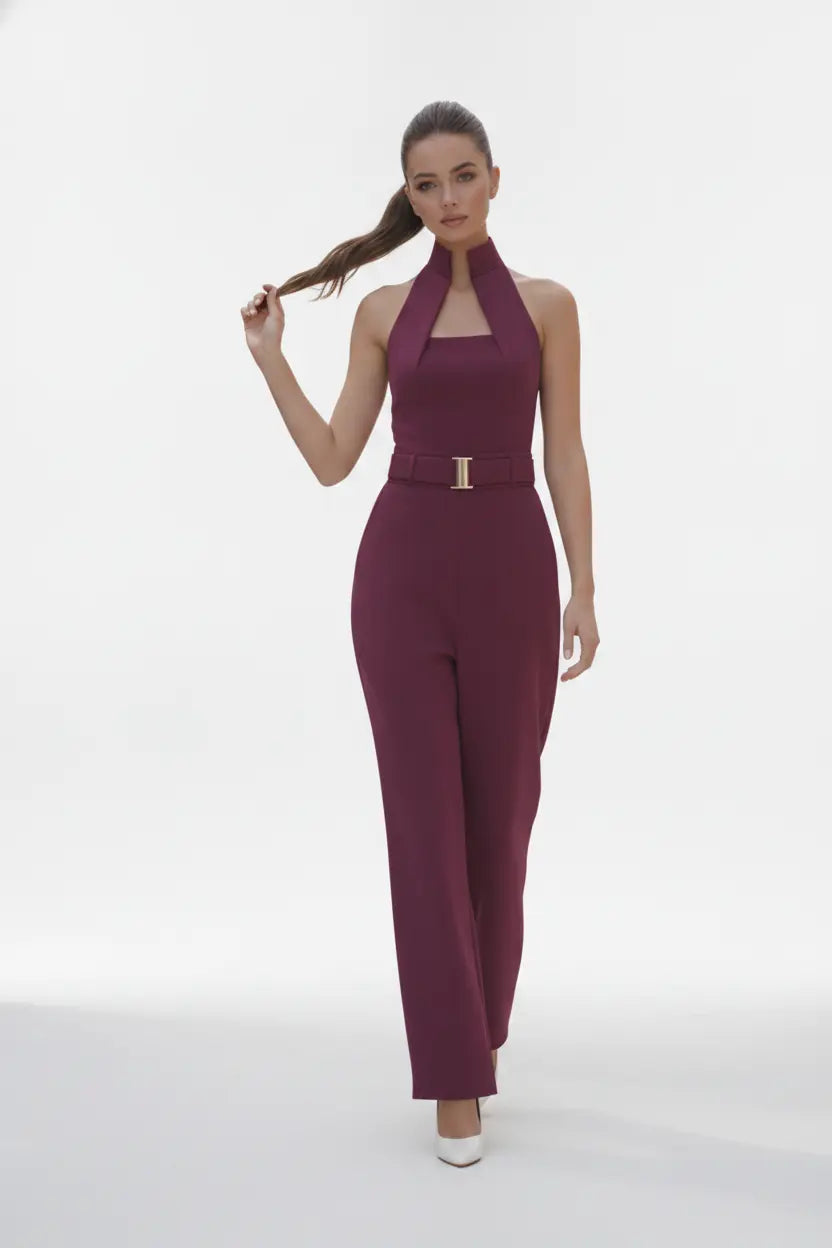 Wine High-collar Jumpsuit – Gold Buckle