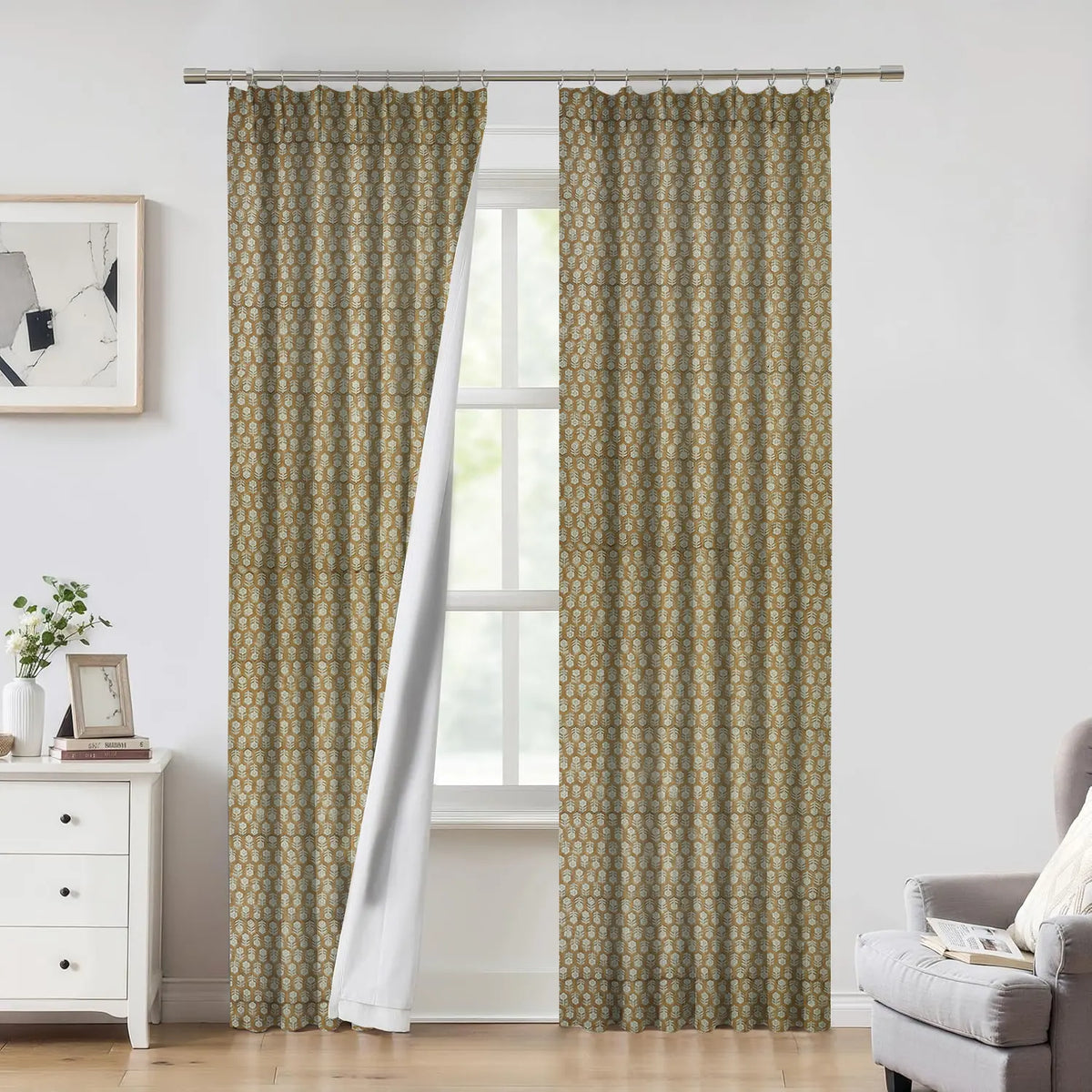 Decorative Block Thick Linen Pleated Curtain- Tulsi Buti
