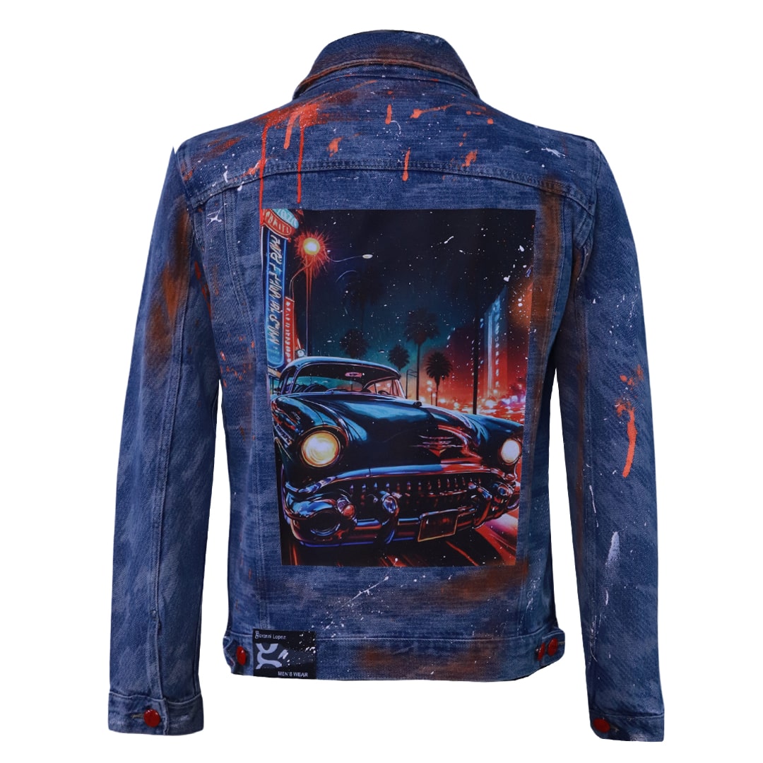 Blue denim jacket with modern car print