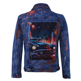 Blue denim jacket with modern car print
