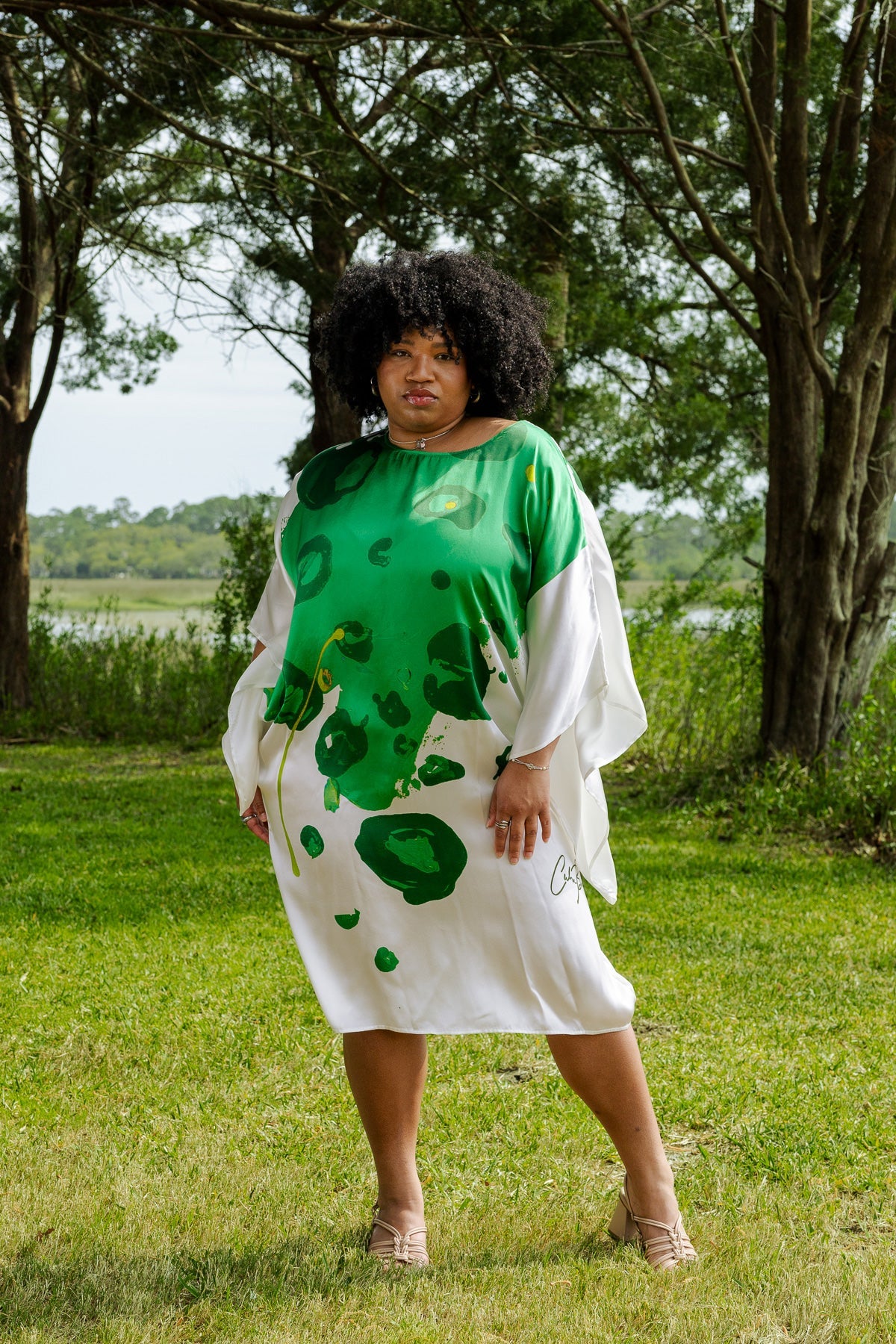 White Green Floral Expression Dolman Sleeve Dress