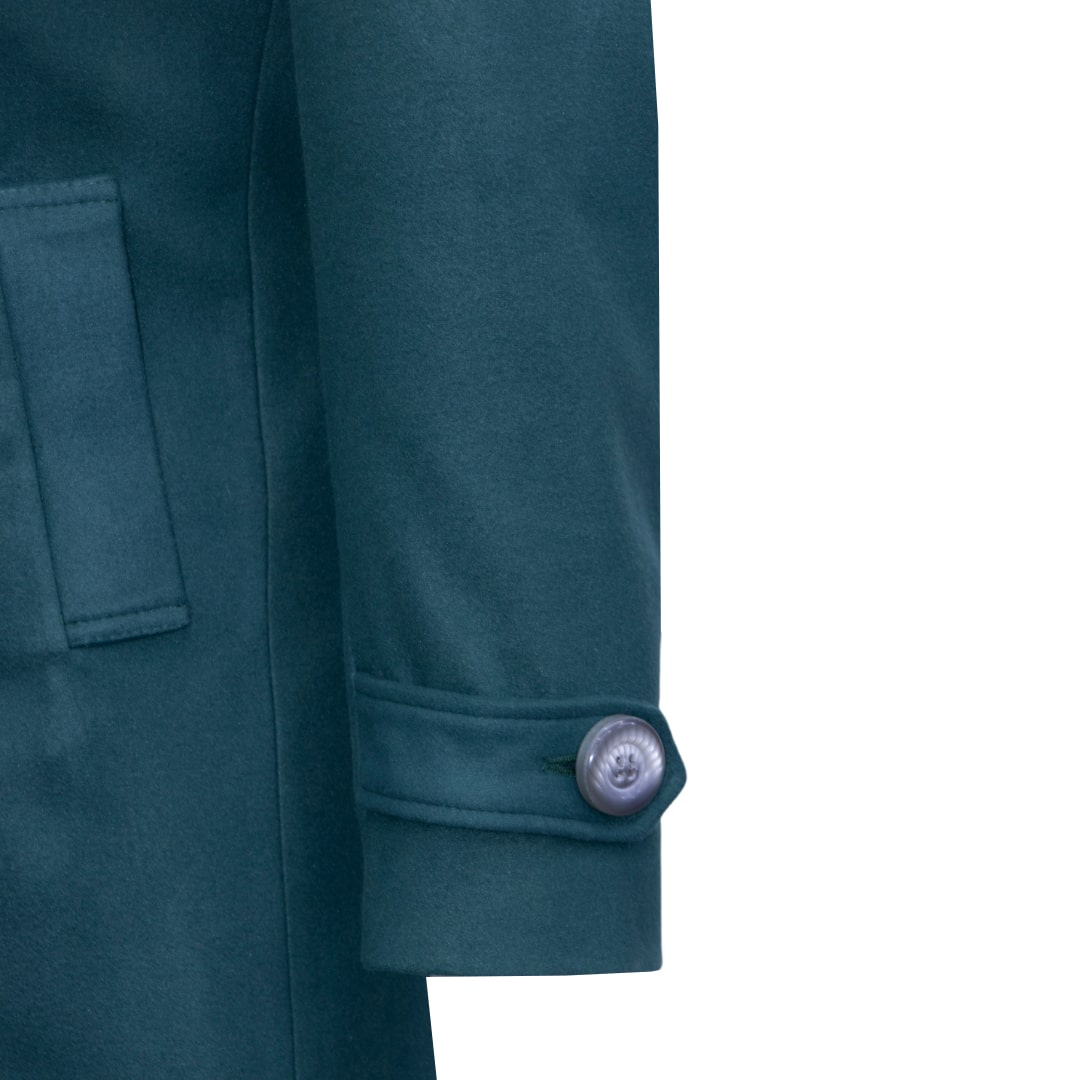 Green double-breasted coat.