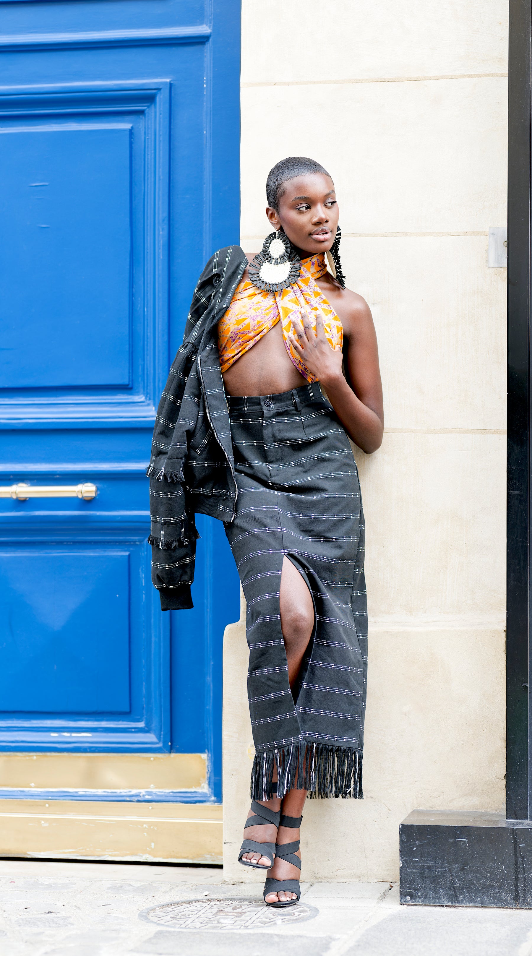 AMINA, BW Kente pencil skirt with front slit