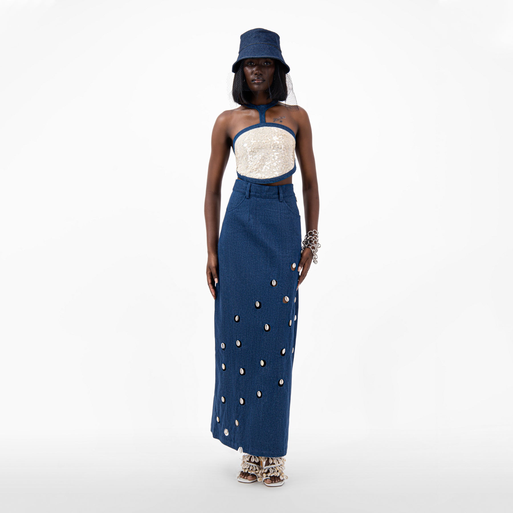 Cowrie Shell Embellished Denim Maxi Skirt