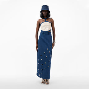 Cowrie Shell Embellished Denim Maxi Skirt