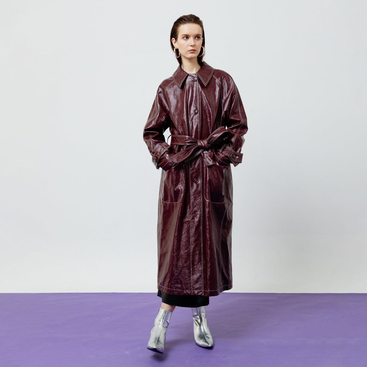 BRIA LEATHER MAROON TRENCH COAT