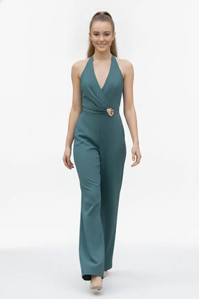 Sea-green Halter Jumpsuit – Gold Brooch