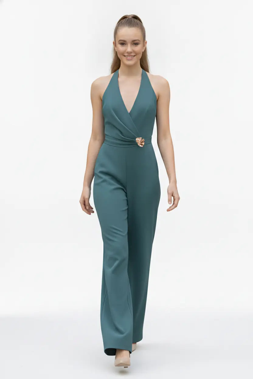 Sea-green Halter Jumpsuit – Gold Brooch