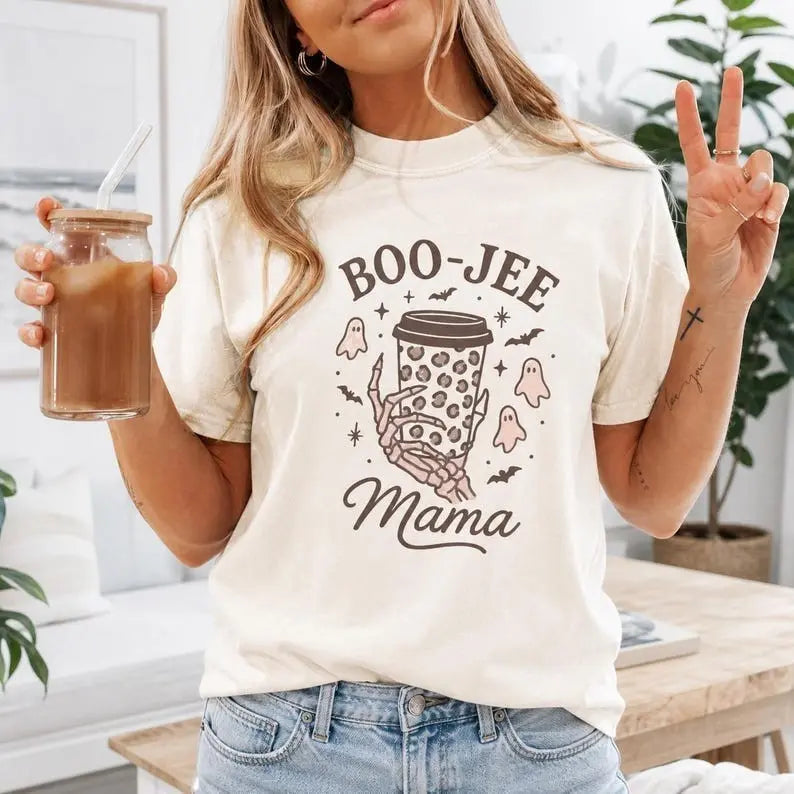 Boo-Jee Mama Skeleton Hand Leopard Iced Coffee Graphic T-Shirt | Ivory Halloween Mom Cotton Tee