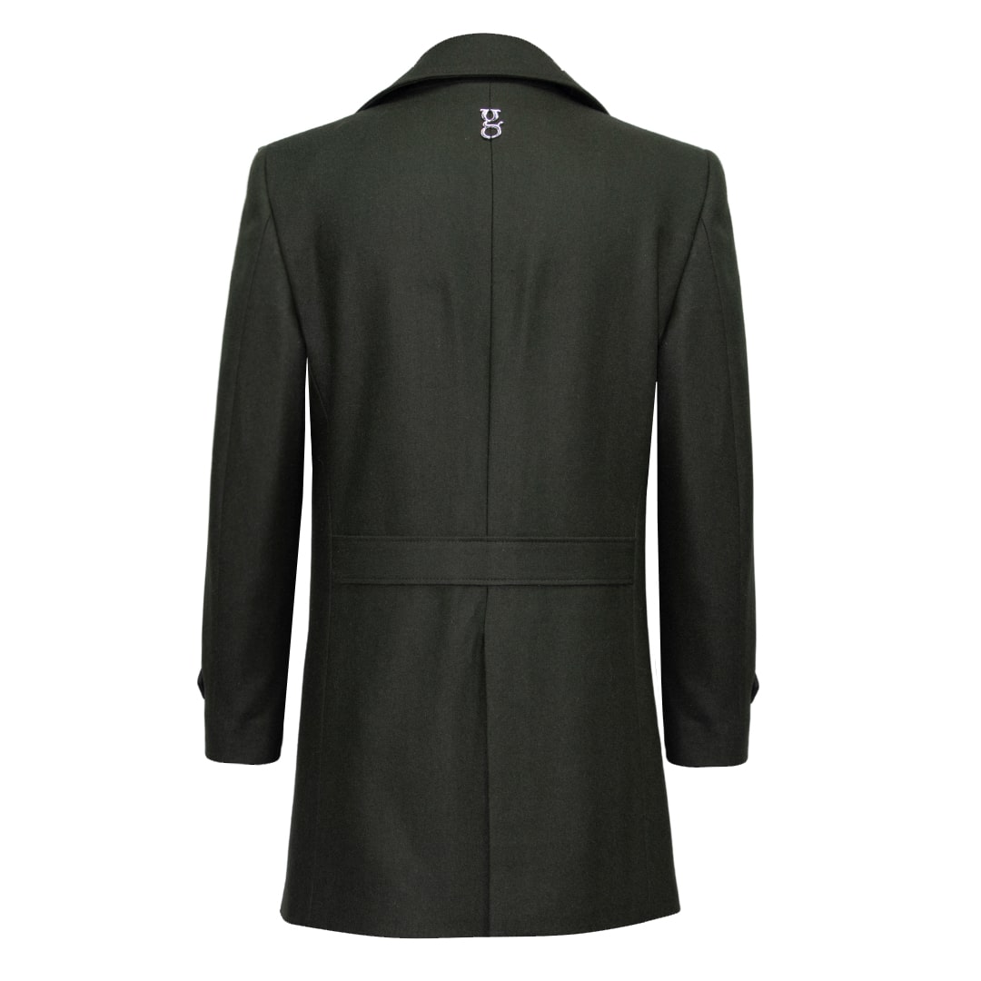 Military green double-breasted coat.