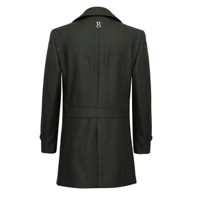Military green double-breasted coat.
