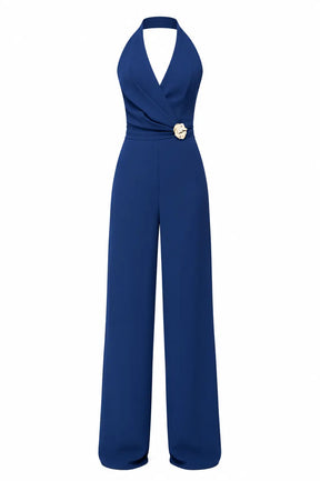 Ink Blue Halter Jumpsuit – Gold Brooch