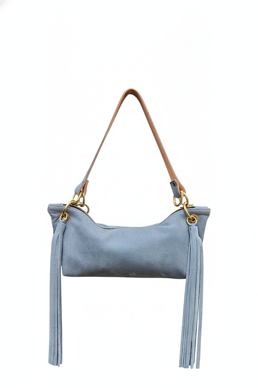 Blair Denim Printed Leather Fringe Bag