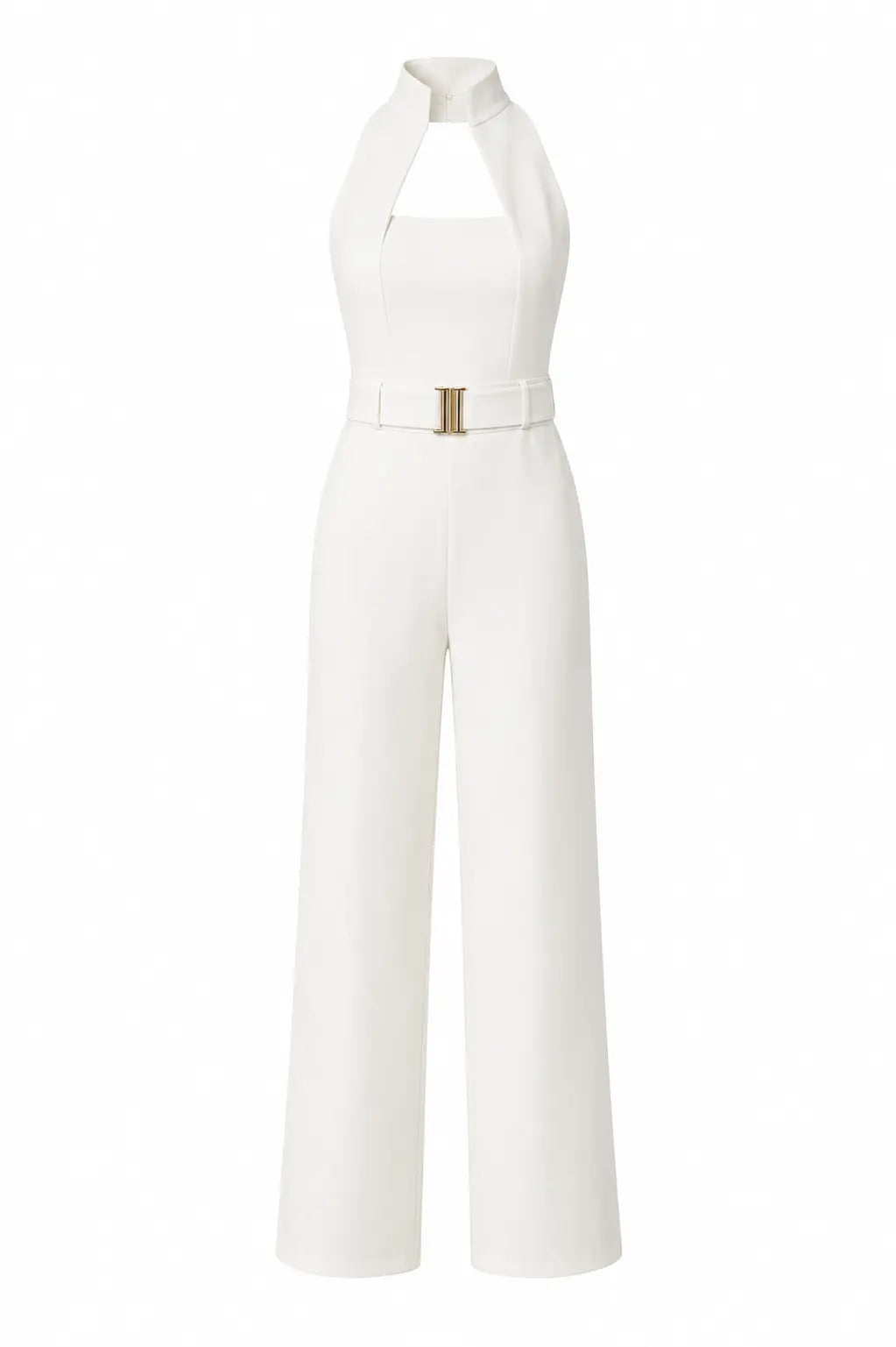 Ivory High-collar Jumpsuit – Gold Buckle