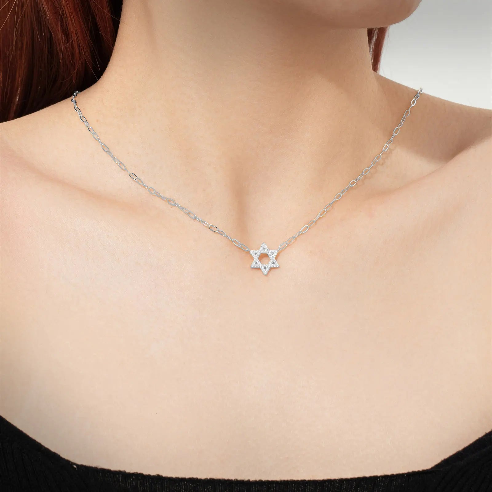Star Of David Silver Pave Charm Necklace
