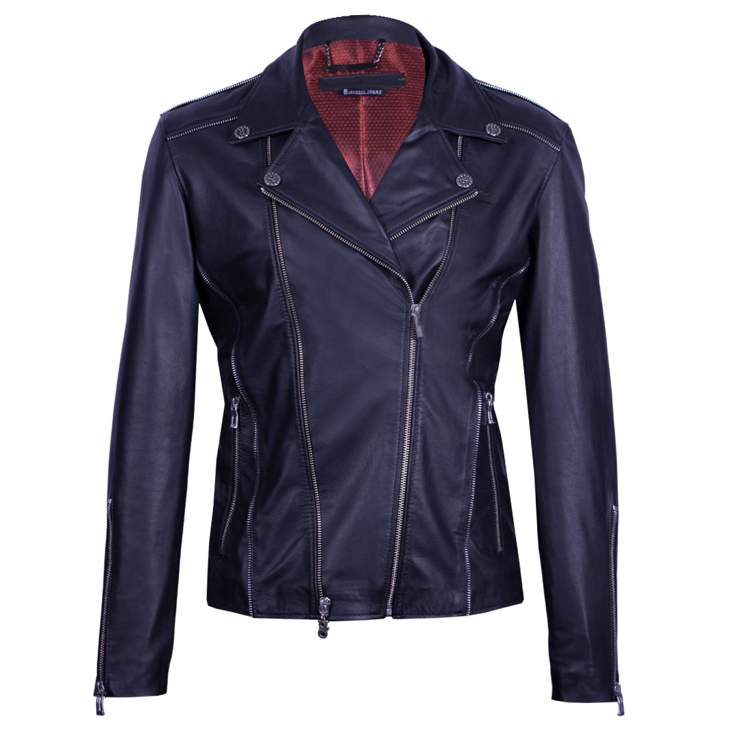 Black Biker-Style Leather Jacket with Bold Zipper Accents