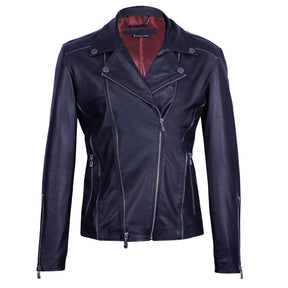 Black Biker-Style Leather Jacket with Bold Zipper Accents
