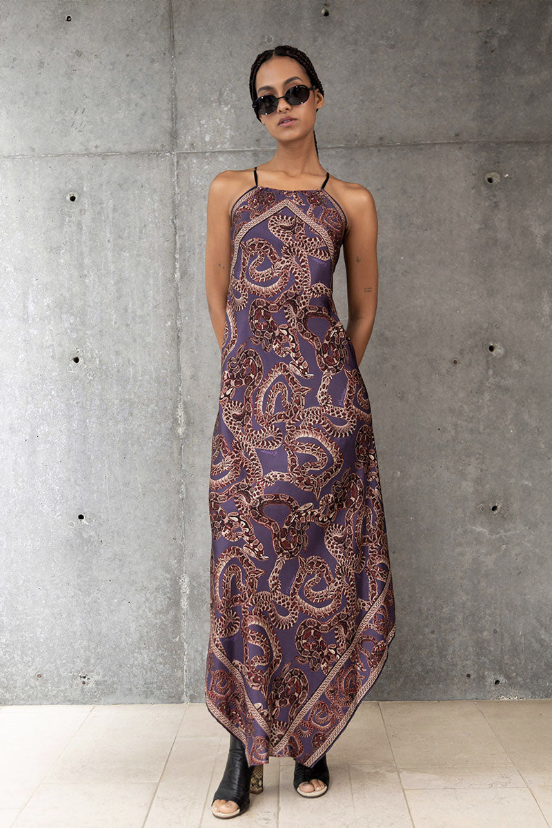 Silk Snake Scarf Dress - Maxi - Vino