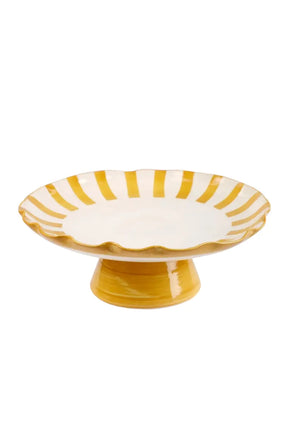 Ceramic Stripe Cake Stand, Yellow  - 10 X 10 X 3.75 Inches