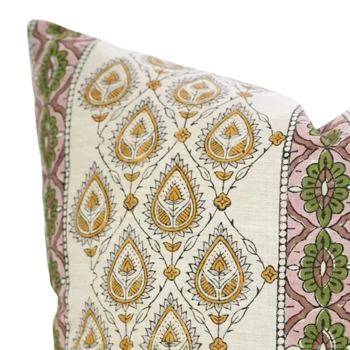 Natural Block Print Linen Blend Pillow Cover - Paan Patti Border