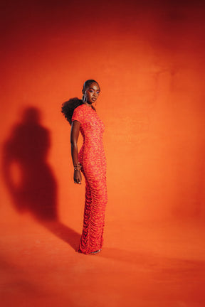 RAYE RUCHED MAXI MESH DRESS