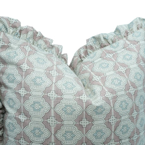 Handmade Peach Block Print Linen Blend Frill Pillow Cover - Jharoka