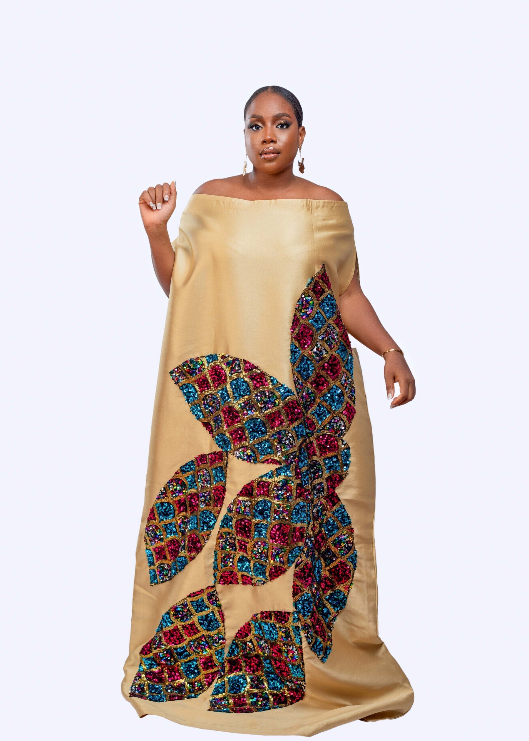 Gold Goddess Maxi African kaftan boubou mikado silk dress with multicolored sequin