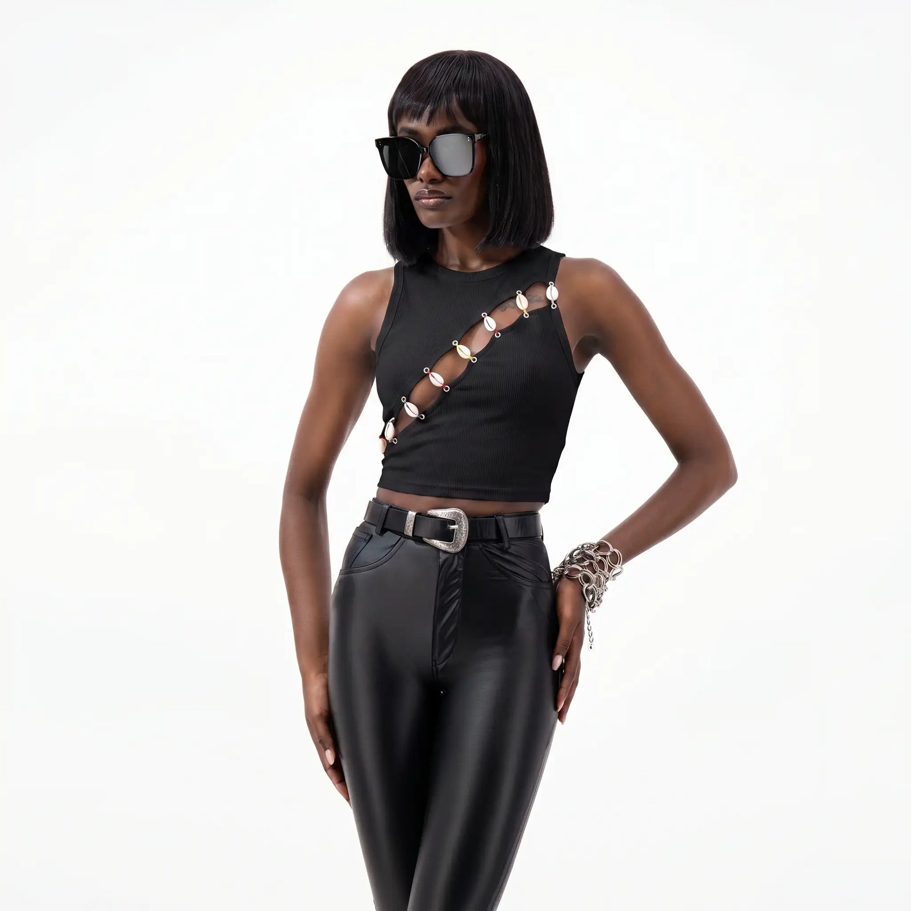 Cowrie Shell Embellished Tank Top