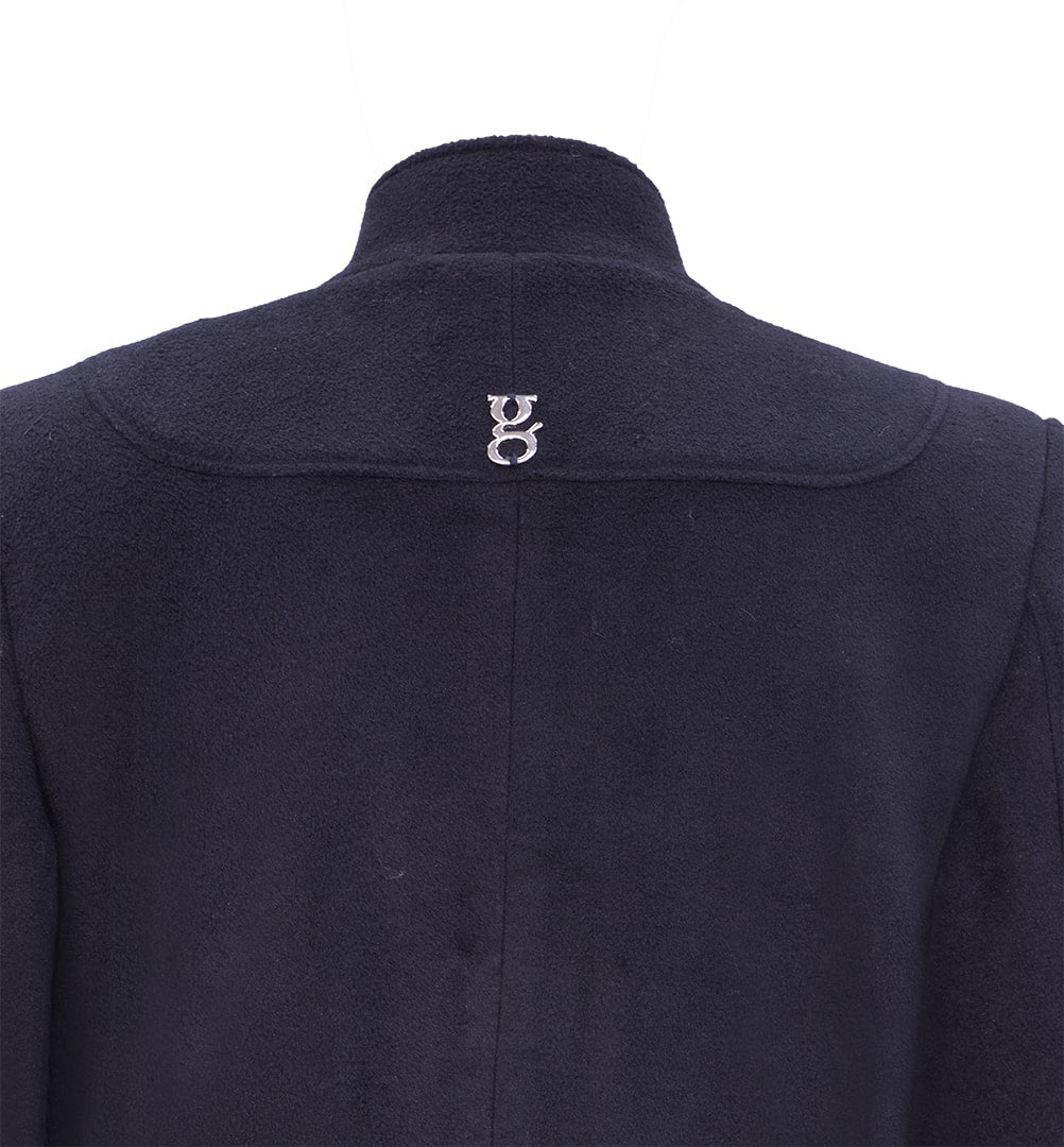 Black coat featuring zipper and snap closures