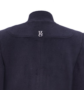 Black coat featuring zipper and snap closures