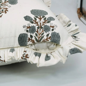 Designer Block Print Thick Cotton White Frill Pillow Cover - Swadesh