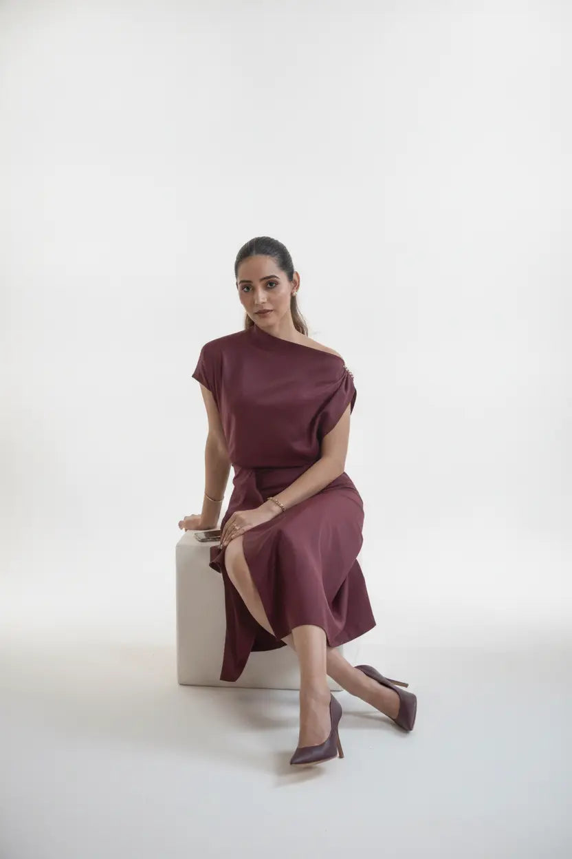 Wine One-shoulder Draped Midi Dress