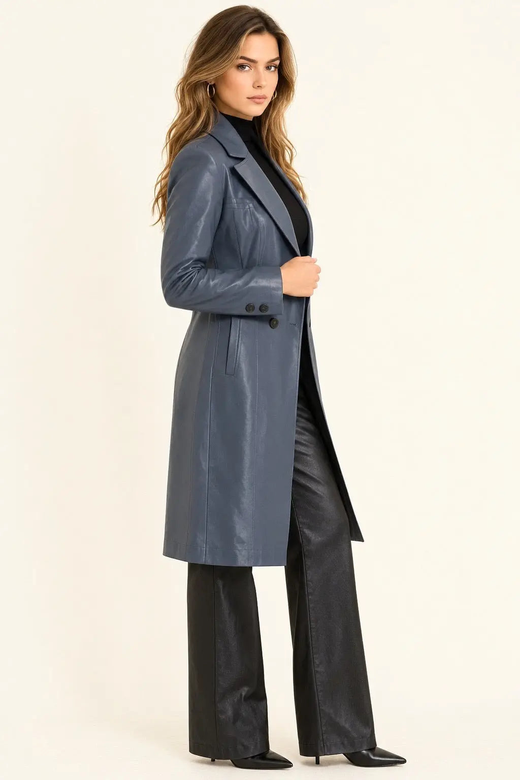 Blue Leather Trench Coat &amp; Black Wide-Leg Pants