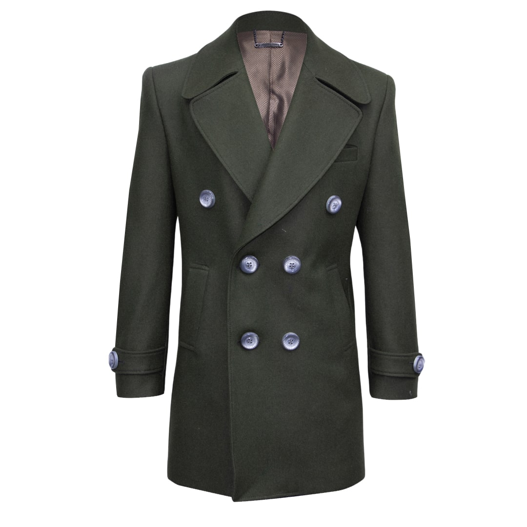 Military green double-breasted coat.