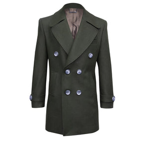 Military green double-breasted coat.