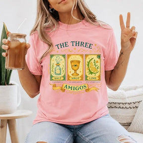 The Three Amigos Tequila Tarot Graphic T-Shirt | Light Pink Salt Shot Lime Cotton Tee
