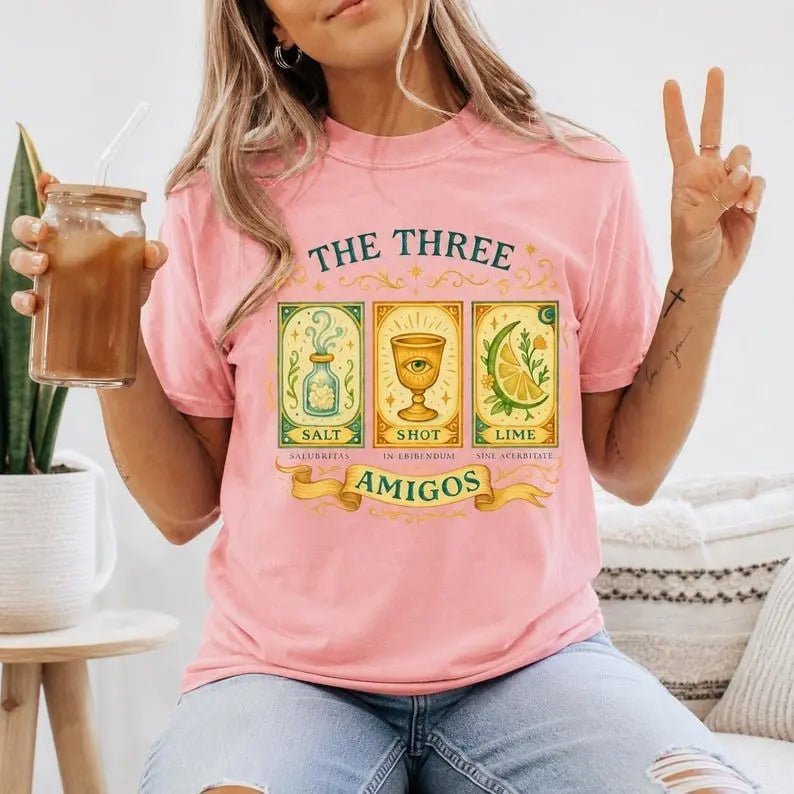 The Three Amigos Tequila Tarot Graphic T-Shirt | Light Pink Salt Shot Lime Cotton Tee