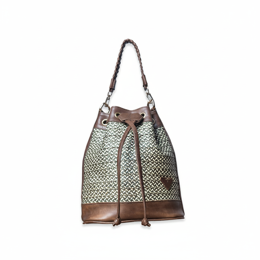 Dark Brown Leather Terra Bag – Handmade Crossbody & Handbag, Timeless Palm Weave Bucket Bag