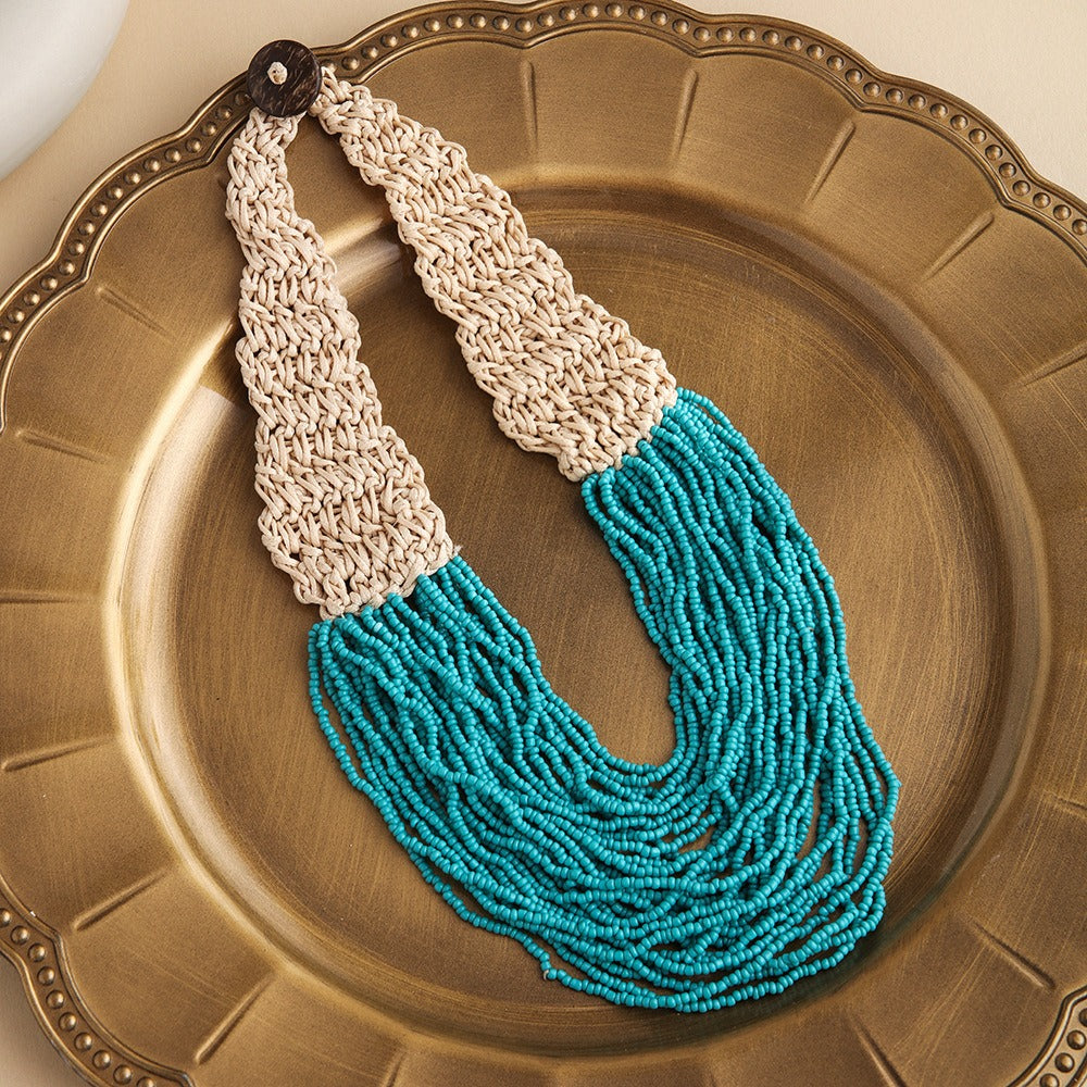 Fashionable retro ethnic style exaggerated style hand woven 30 layer wax rope rice bead necklace for women