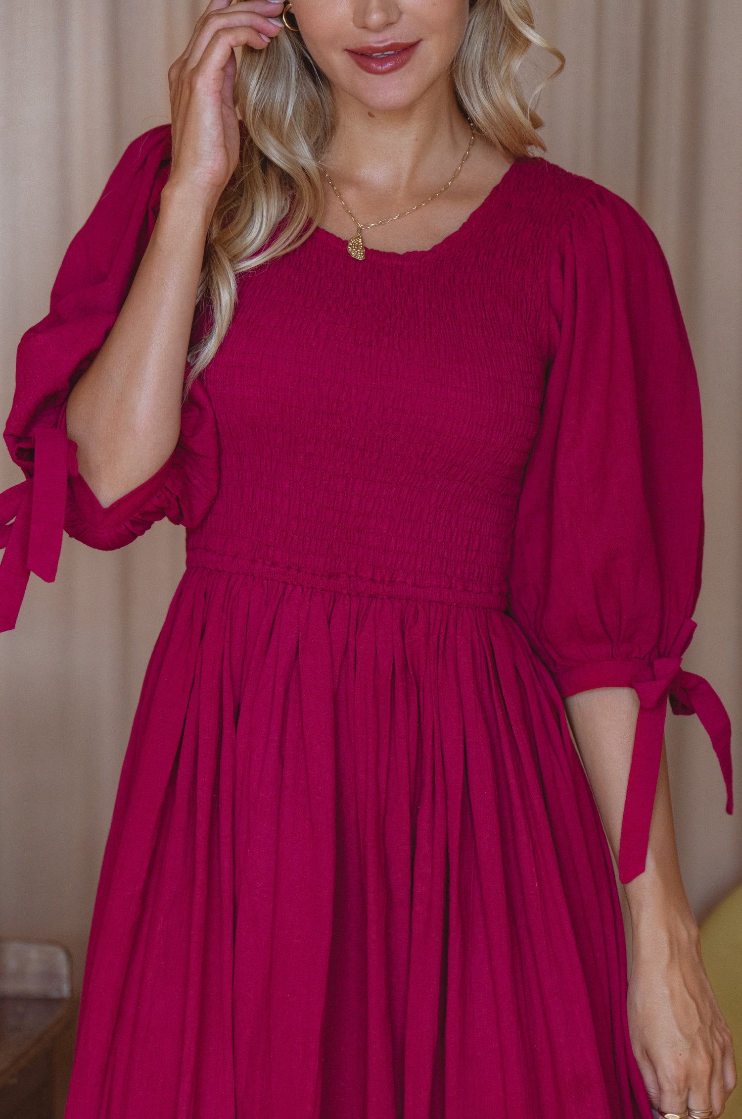 Freya Smocked Linen Midi Dress - Sangria