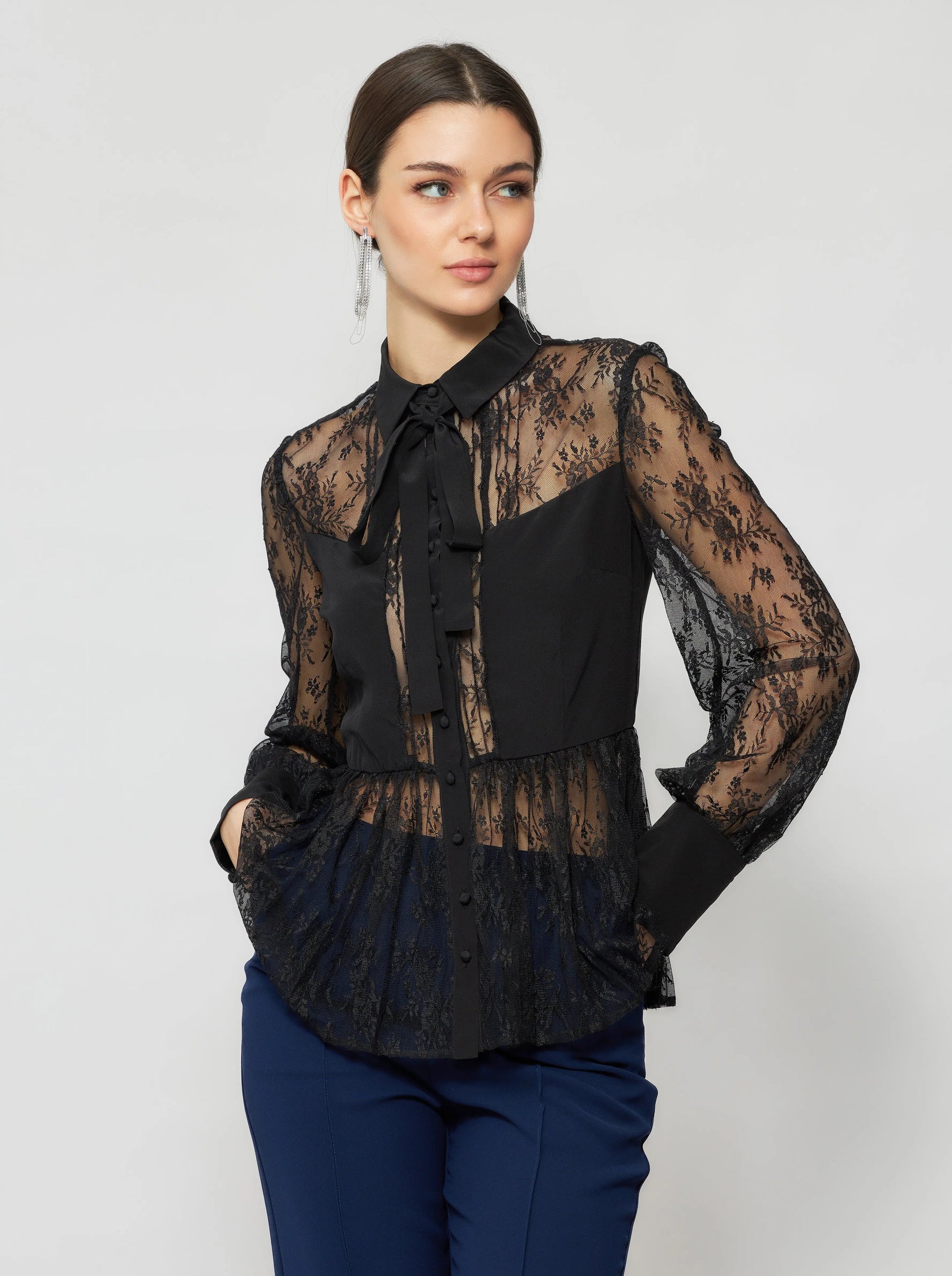 Laelia Pleated Lace Silk Blouse