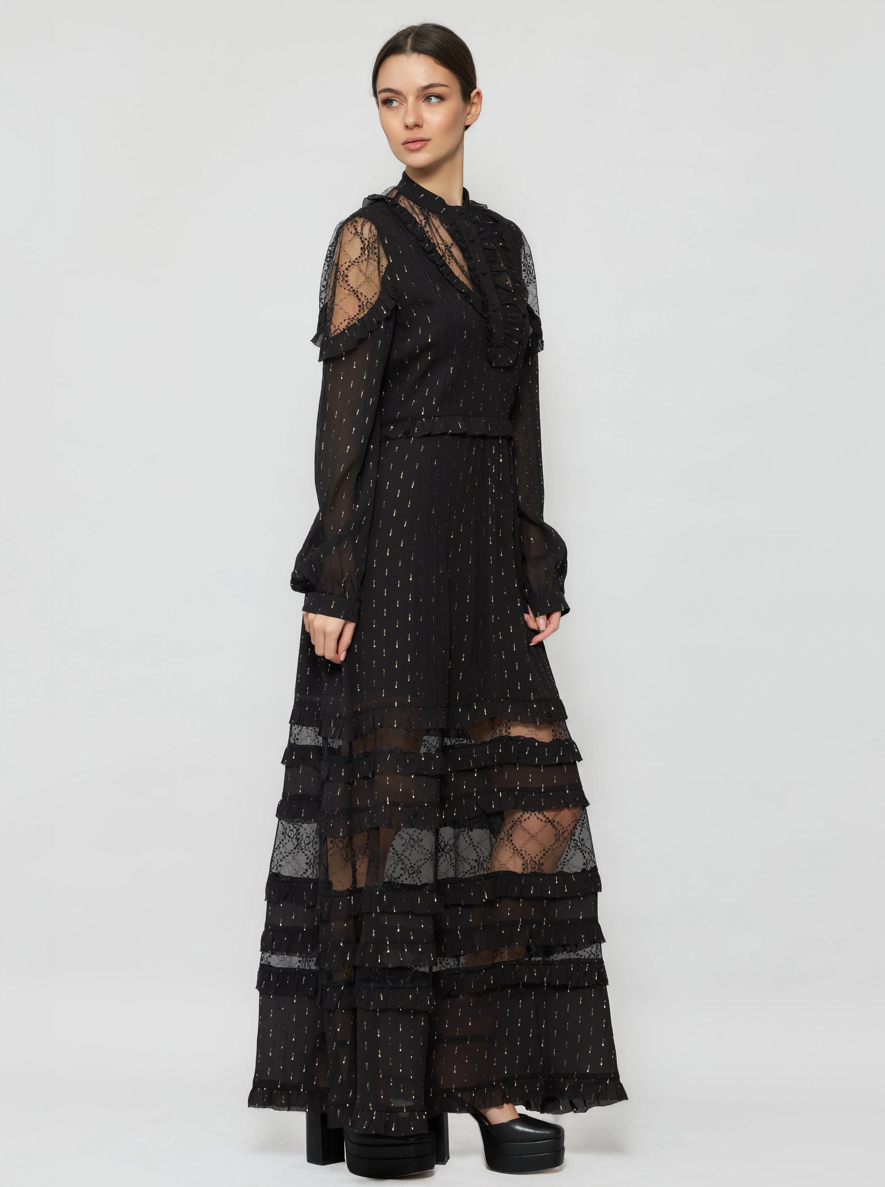Solgo Metallic Silk Ruffle Maxi Dress
