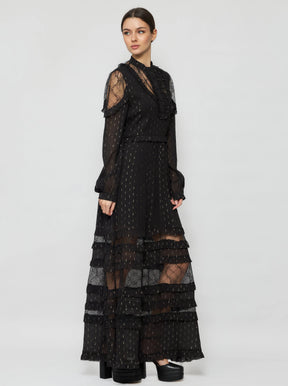 Solgo Metallic Silk Ruffle Maxi Dress