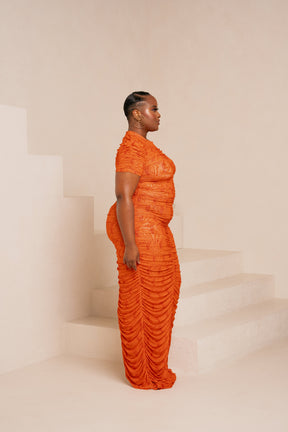 IZA ORANGE RUCHED MAXI MESH DRESS