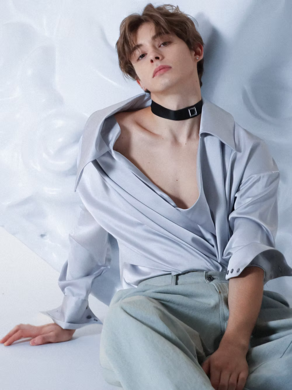 Silvery Satin Wrap Drape Shirt
