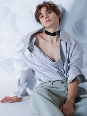 Silvery Satin Wrap Drape Shirt