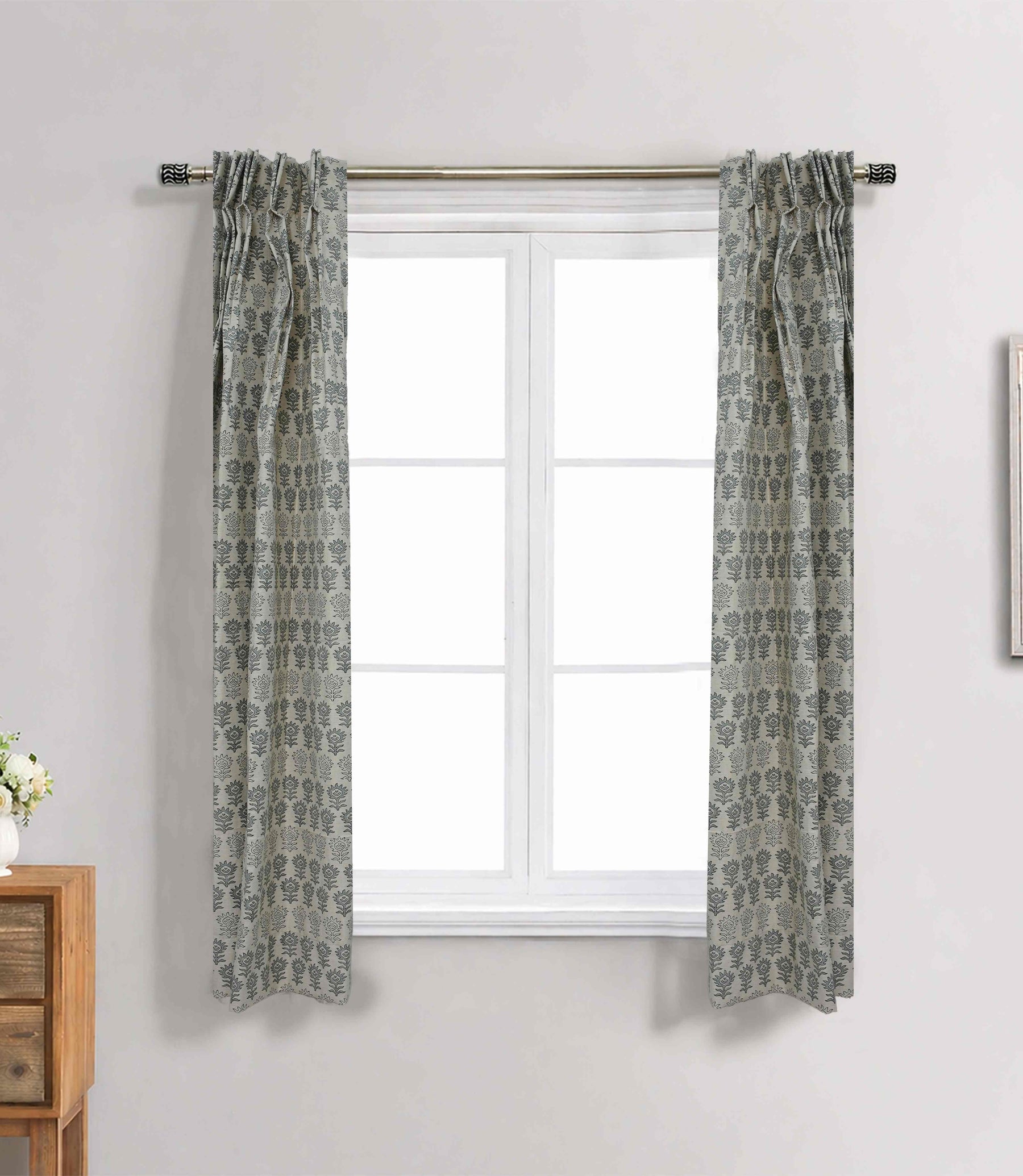 Artisan Gray Floral Block Print Linen Curtains Semi Sheer Pleated Drapes | Surajmuki