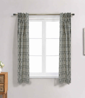 Artisan Gray Floral Block Print Linen Curtains Semi Sheer Pleated Drapes | Surajmuki