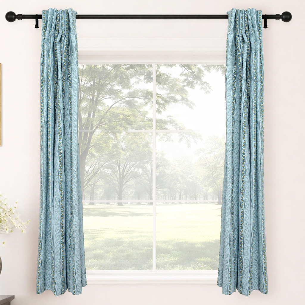 Natural Blue Floral Block Printed Viscose Colored Linen Ring Curtain Panel - Nargis