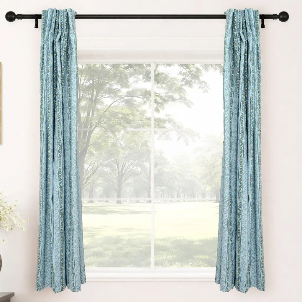 Natural Blue Floral Block Printed Viscose Colored Linen Ring Curtain Panel - Nargis